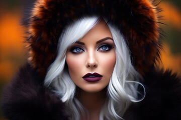a woman with white hair and a fur hood