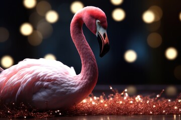 a pink flamingo sitting on glitter