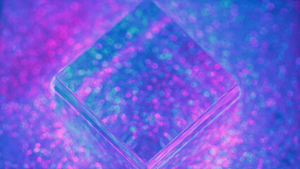Bokeh lights. Defocused cube glowing. Nightclub decoration. Blur block in fluorescent colorful purple pink green blue shine in neon disco atmosphere abstract background.