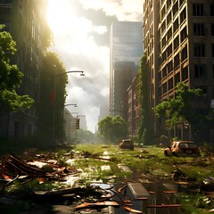 Empty post apocalyptic city landscape. A post-apocalyptic ruined city. Destroyed buildings, burnt-out vehicles and ruined roads.