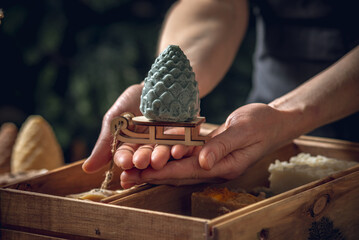 A woman soap maker holds soap in her hands in the form of colorful coniferous cones. An interesting...