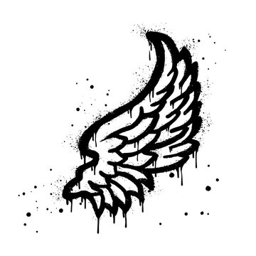 Spray painted graffiti wings icon in black over white. Wings drip symbol. isolated on white background. vector illustration