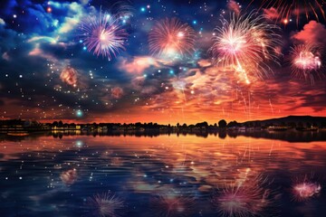 fireworks on the water at sunset. new year festival celebration. - obrazy, fototapety, plakaty