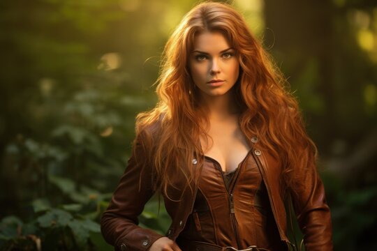 a woman with long red hair wearing a leather jacket