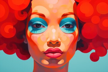 a woman with red curly hair and blue eyeshadow