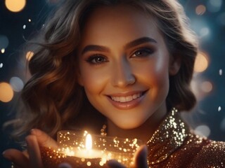 beautiful woman smiling with a candle in her hands
