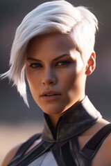 a woman with short white hair