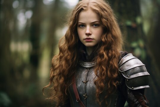 a woman in armor with long hair
