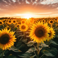 a field of sunflowers with the sun setting in the background