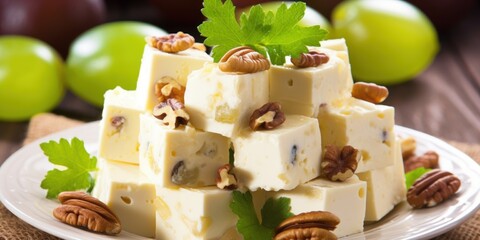 a pile of white cubes with nuts and pecans on top - obrazy, fototapety, plakaty