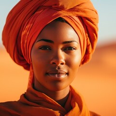 a woman with orange head wrap
