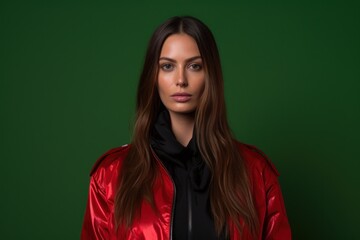 a woman in a red jacket