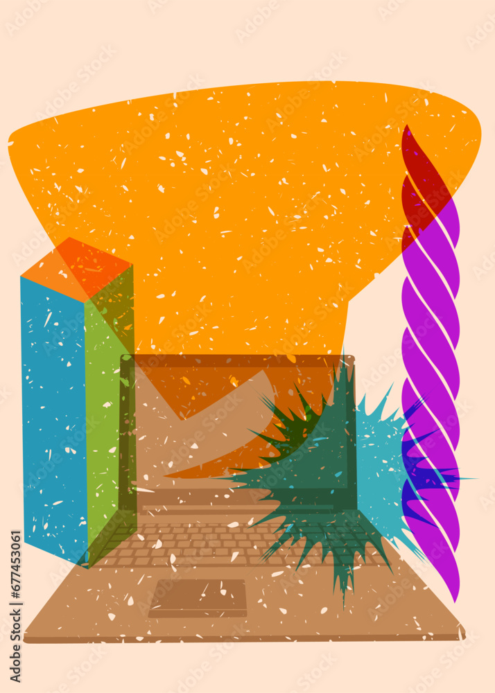 Poster risograph laptop with speech bubble and geometric shapes. objects in trendy riso graph print texture