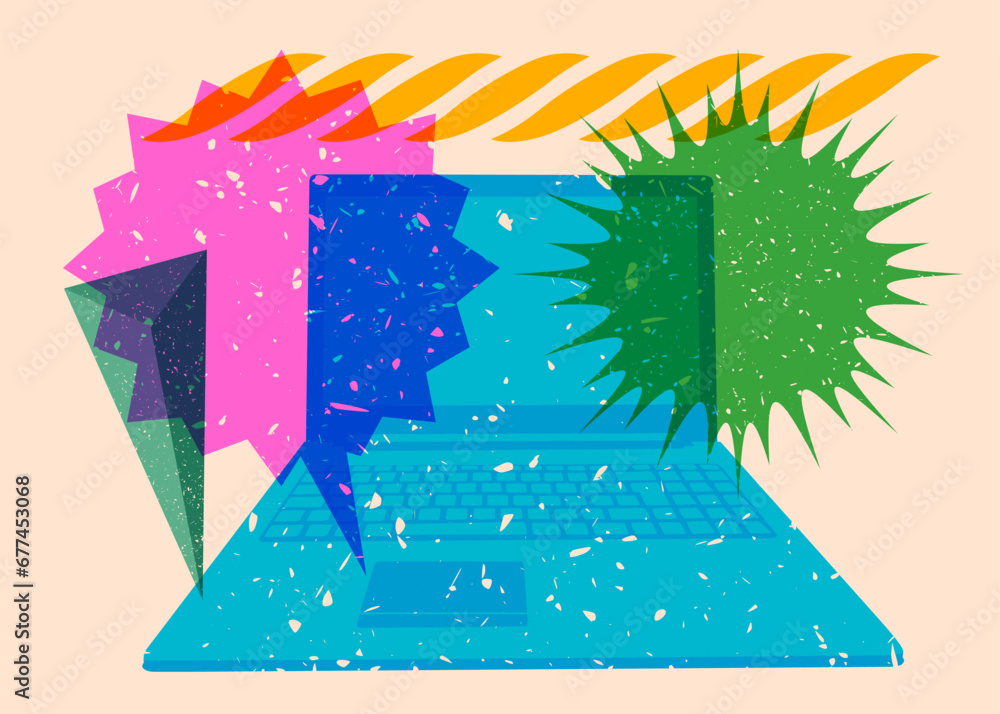 Poster risograph laptop with speech bubble and geometric shapes. objects in trendy riso graph print texture