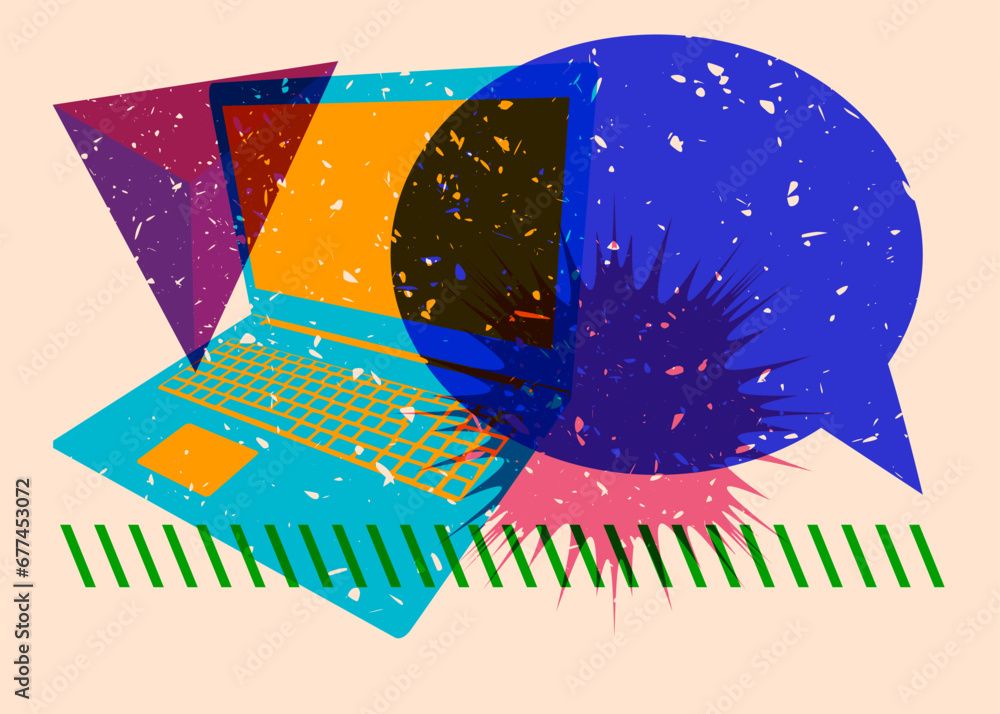 Poster risograph laptop with speech bubble and geometric shapes. objects in trendy riso graph print texture