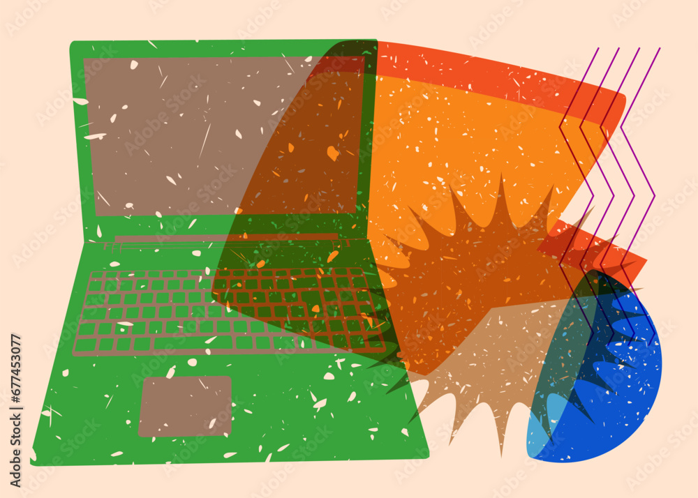 Poster risograph laptop with speech bubble and geometric shapes. objects in trendy riso graph print texture