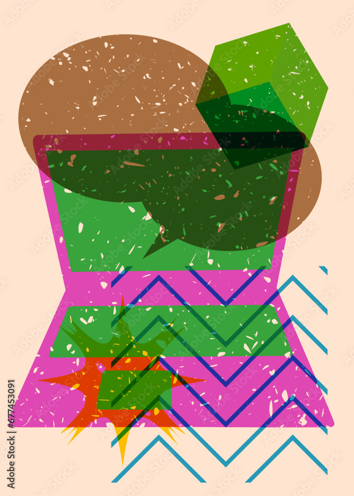 Poster risograph laptop with speech bubble and geometric shapes. objects in trendy riso graph print texture