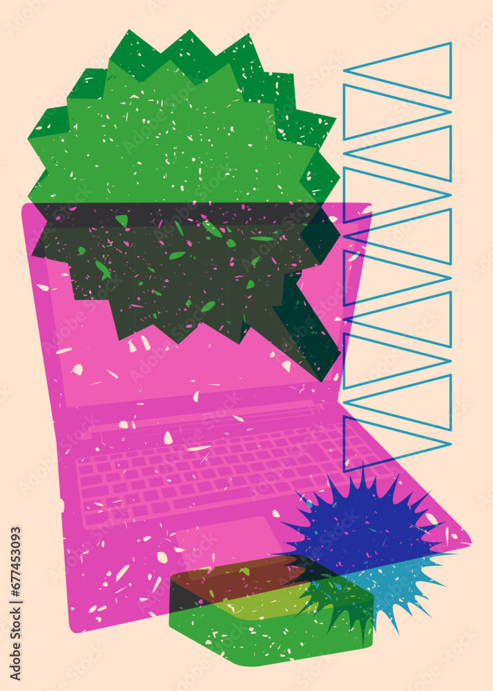Poster risograph laptop with speech bubble and geometric shapes. objects in trendy riso graph print texture