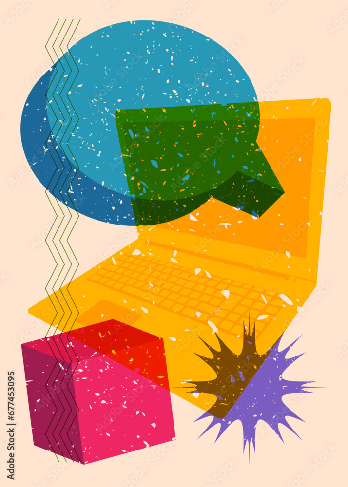 Poster risograph laptop with speech bubble and geometric shapes. objects in trendy riso graph print texture