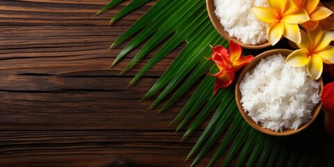 Obraz na płótnie Canvas a bowl of rice on a palm leaf
