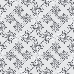Seamless pattern of classical grey damask with abstract floral designs, suitable for wallpaper.