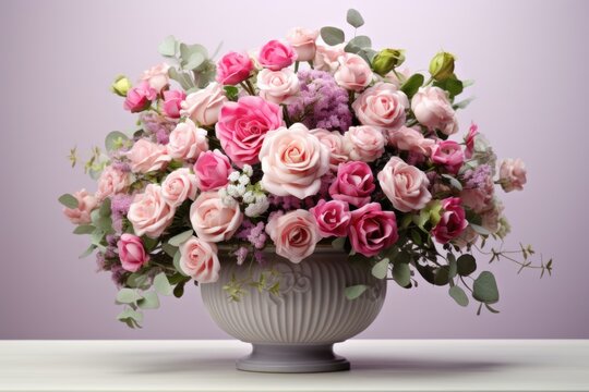 a vase of pink and white roses