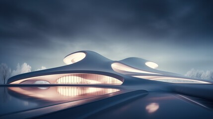 Bionic architectural object made of snow and ice in a winter forest near a lake