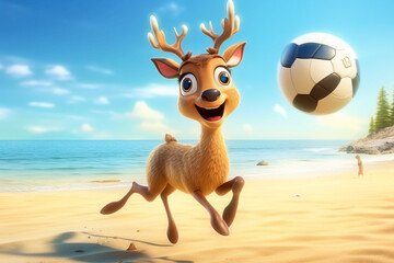 illustration of a Deer  playing ball on the beach