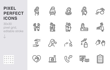 Childbirth line icon set. Woman breastfeeding baby, postpartum support, birth position, pregnant minimal vector illustration. Simple outline sign for doula service 30x30 Pixel Perfect Editable Stroke - 677454073