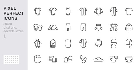 Baby clothes line icon set. Children fashion - bodysuit, onesie, romper, bib, swaddle, overall minimal vector illustration. Simple outline sign for apparel store. 30x30 Pixel Perfect, Editable Stroke