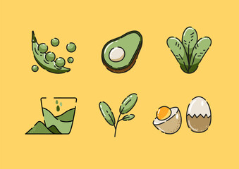 Healthy food set. Vegetables,avocado,sweet bean,green tea,boiled egg