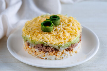 Layer canned tuna, fresh cucumber, boiled egg and cheese salad on white plate on a table. Selective...