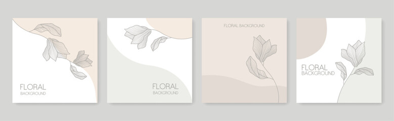 Floral Background Set with Leaves and Flower Linear Style. Hand Drawn Elegant Botanical Outline Design Templates. Vector Minimalist Boho Background for Invitations, Cards, Postcards, Social Media.