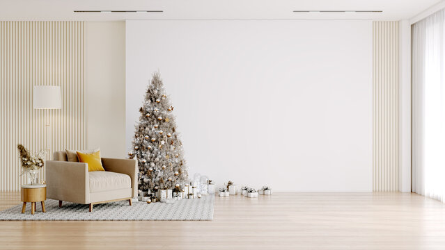 Fototapeta Christmas and happy new year with Minimal interior lliving room ,christmas tree ,white wall background ,wood floor ,3d render