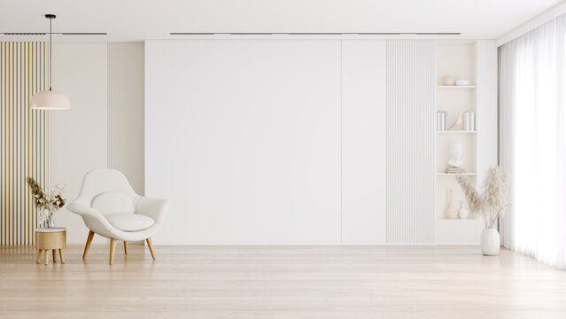 Minimal interior lliving room  ,white wall background ,wood floor ,3d render