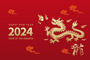 Happy new year 2024 with golden chinese dragon illustration, red background.