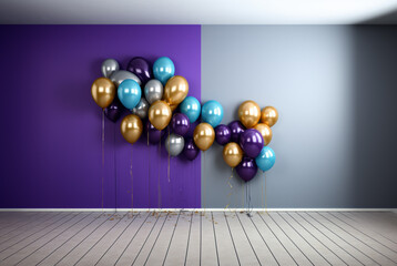 Christmas gift balloons over a wood floor in a purple room
