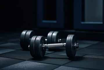Fototapeta premium Black dumbbells on rim black background