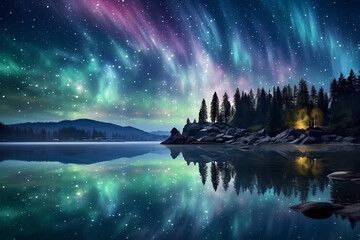 Serene Night Landscape with Aurora Borealis and Lake Reflection