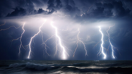 lightning in the sea, Thunder storm with lightening rages over broken water of sea or ocean natural disaster apocalyptic background. Dramatic lightening, thunder bolt in night sky over sea