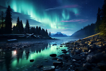 Moonlit Aurora Borealis Over Mountain Lake Landscape