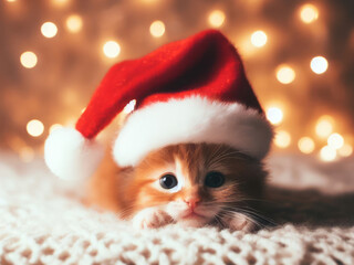 Small kitten in a New Year's cap lies against the background of lights from a garland