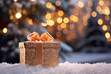 Golden Gift Box with Sparkling Bokeh Winter Background