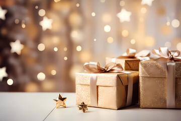 Glittery Golden Gift Boxes with Satin Bows and Bokeh Effect