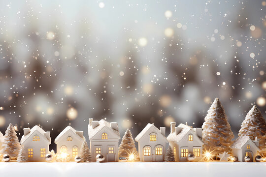 Charming Winter Village Scene with Glittering Snowflakes