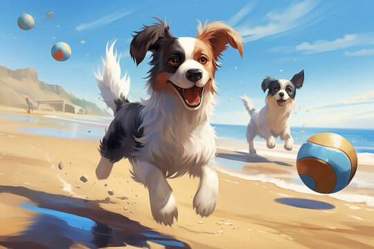 illustration of a Dogs  playing ball on the beach