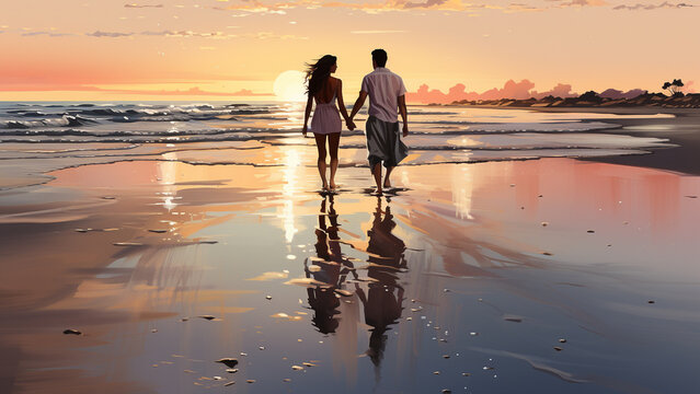 Romantic Sunset Beach Scene Love on Valentines Day