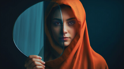 Portrait of a woman holding a piece of glass covering half of her face. Wearing an orange head covering. Surreal and introspective.