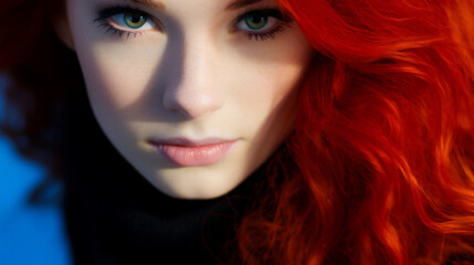 Studio portrait of a female model highlighting a perfect complexion. Red hair. Extreme closeup. Skin care and cosmetics.