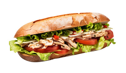 From above appetizing sandwich with grilled chicken, fresh lettuce and tomatoes served on transparent background - Generative AI - obrazy, fototapety, plakaty